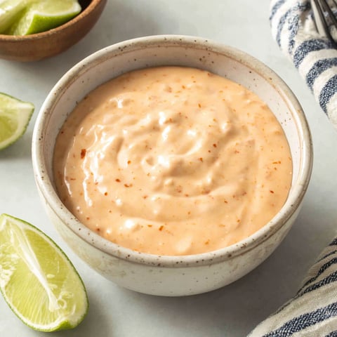 A bowl of fish taco sauce with limes on the side.