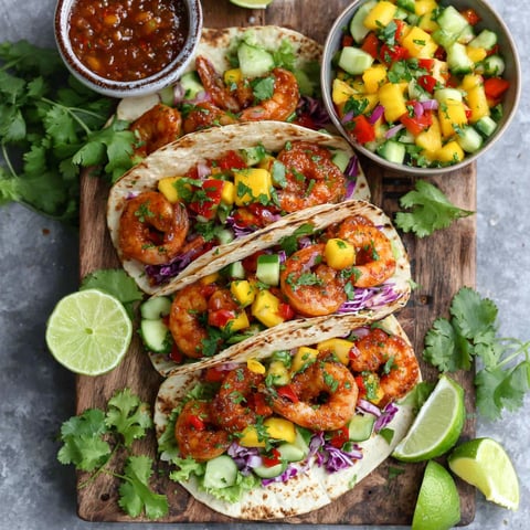 A cutting board showcasing shrimp tacos, salsa, and a bowl of fruit.