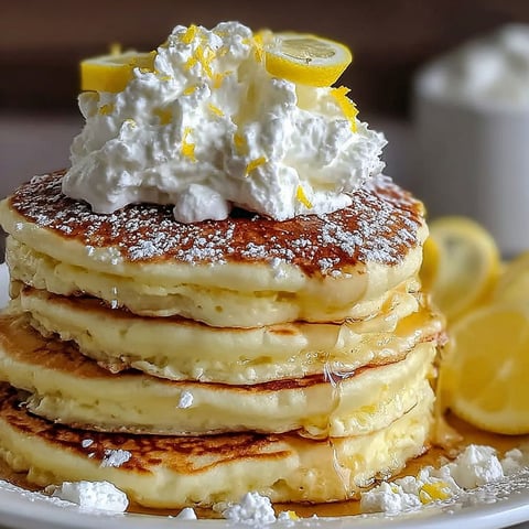 A stack of lemon ricotta pancakes with whipped cream on top.