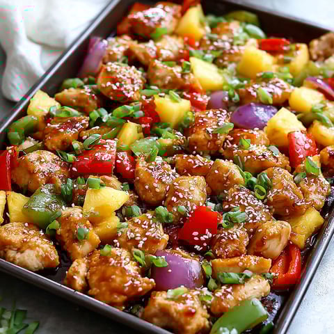 A colorful pan of chicken with pineapple, peppers, and onions.