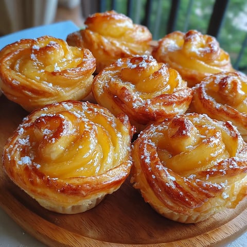 Peach Pie Cruffins on a wooden tray.