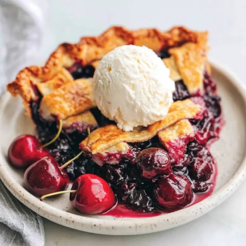 A slice of cherry pie with a scoop of ice cream on top.