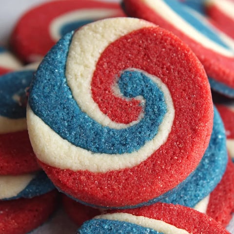 Red, white and blue pinwheel icebox cookies.