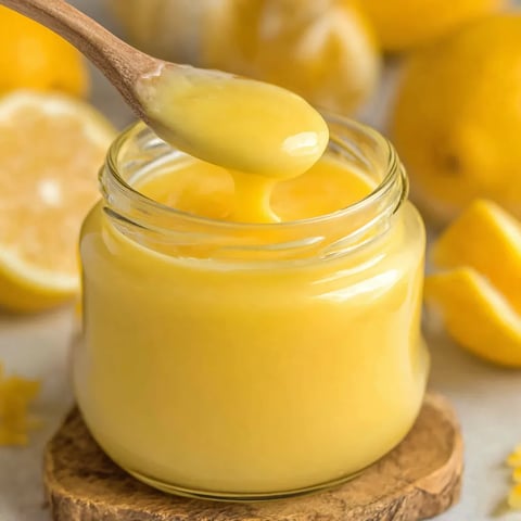 A jar of lemon curd with a wooden spoon in it.