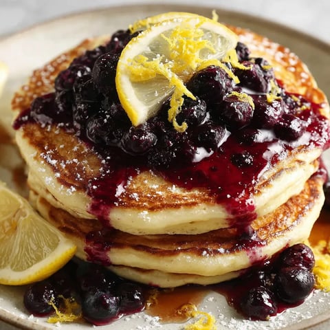 A stack of pancakes with blueberries and lemon syrup.