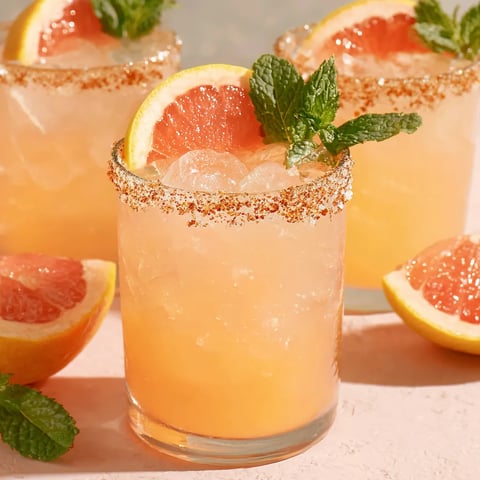 A pitcher of Palomas with a slice of lemon and mint.