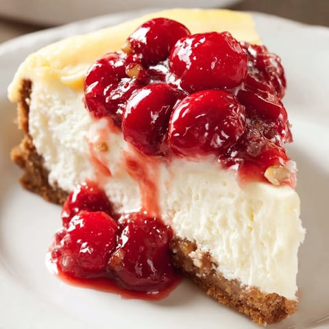 A slice of cherry cheesecake on a white plate.