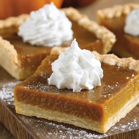 A slice of pumpkin slab pie with whipped cream on top.