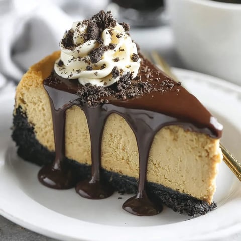A slice of creamy coffee cheesecake with chocolate drizzle.