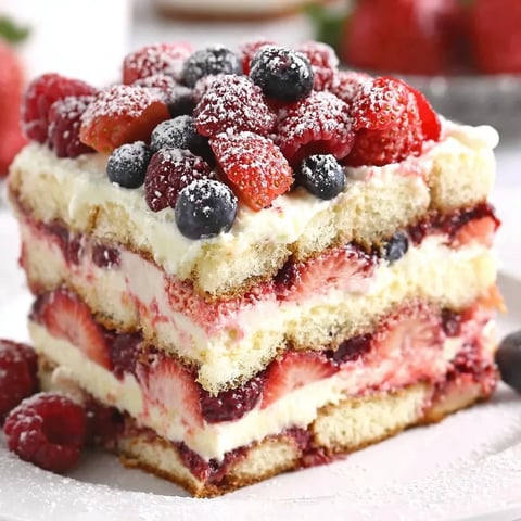 A slice of berry tiramisu cake.
