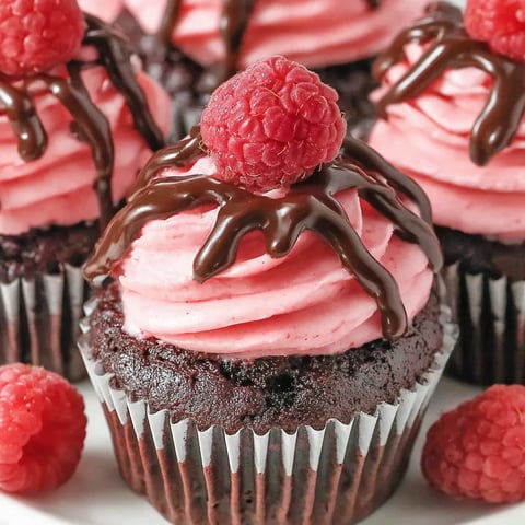 A cupcake with chocolate and raspberries on top.