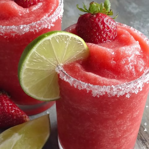 Two glasses of frozen strawberry margaritas.