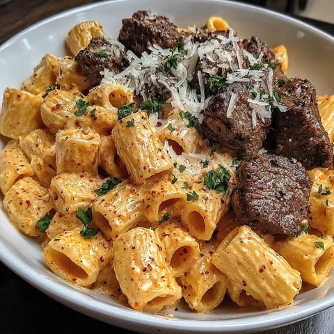 A bowl of Cajun steak cheesy rigatoni parmesan.