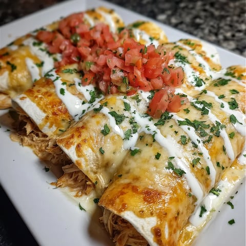 A plate of queso chicken enchiladas.