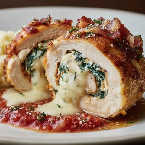A chicken rollatini recipe with cheese and bacon.