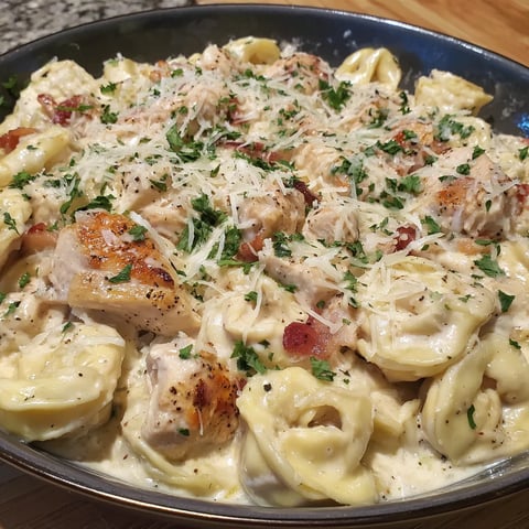 A dish of Italian Parmesan Chicken Tortellini.