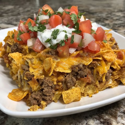 A plate of cheesy Dorito taco casserole.