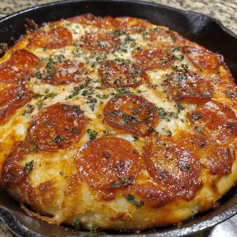 A pizza in a cast iron skillet.