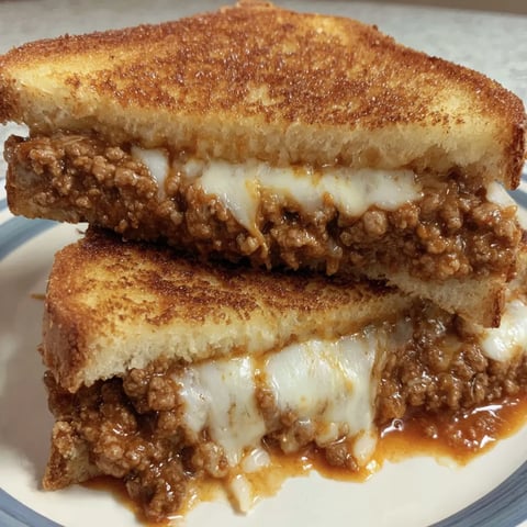 A plate of grilled cheese with sloppy joe on top.