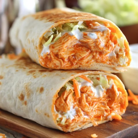 A buffalo chicken wrap on a wooden table.