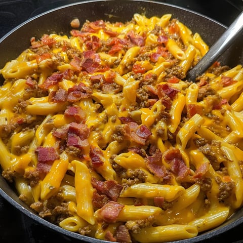 A bowl of pasta with bacon and cheese.