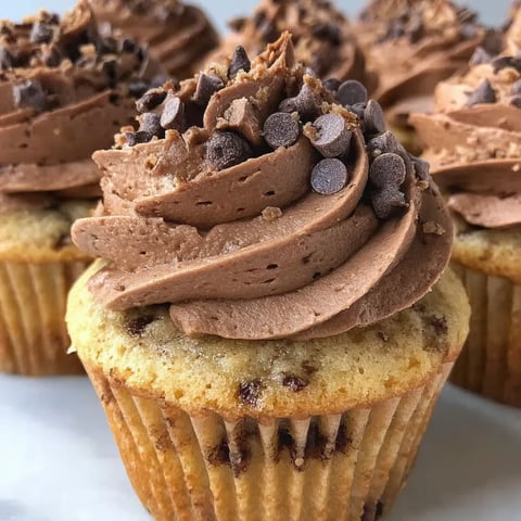 A chocolate chip cupcake with a chocolate frosting.
