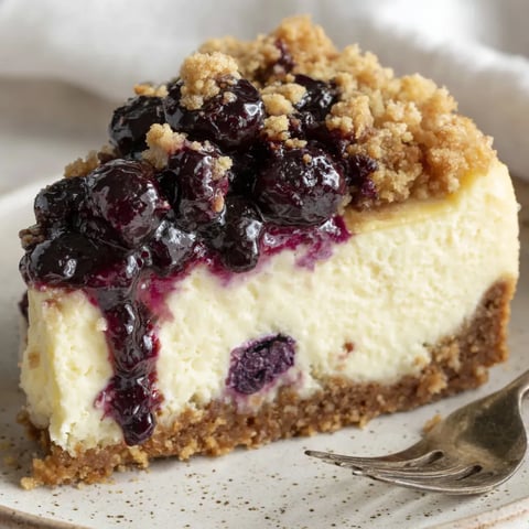 A slice of blueberry crumble cheesecake.