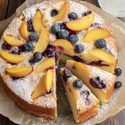 A slice of peach blueberry cake.