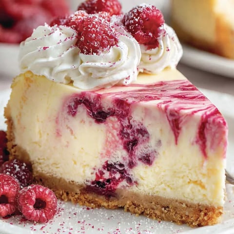 A slice of white chocolate raspberry cheesecake.