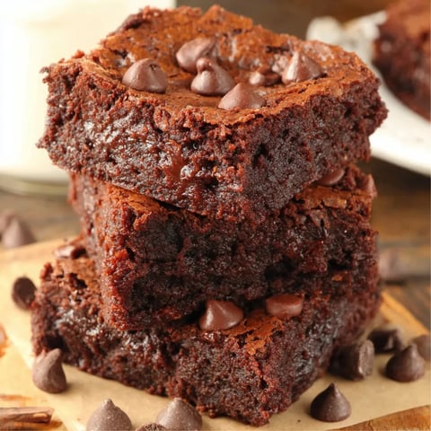 Three stacked chocolate chip brownies.