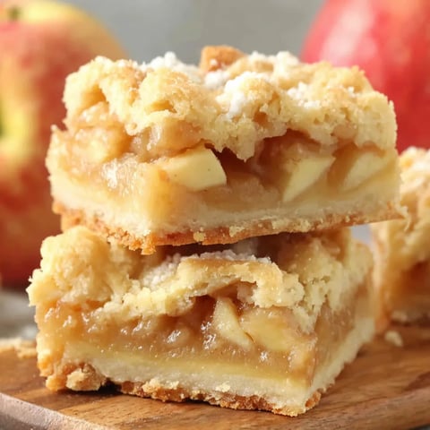 Homemade apple bars on a wooden cutting board.