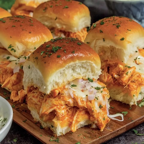 A plate of spicy buffalo chicken sliders.