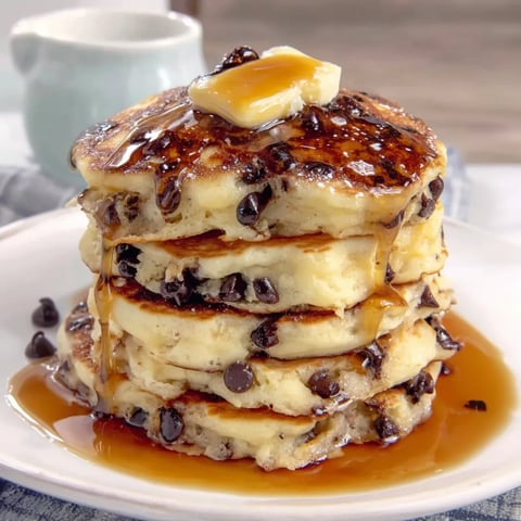 A stack of chocolate chip pancakes.