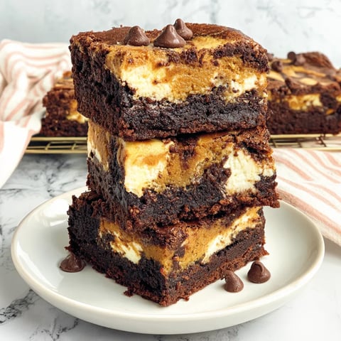 Three layers of pumpkin cheesecake brownies stacked on a plate.