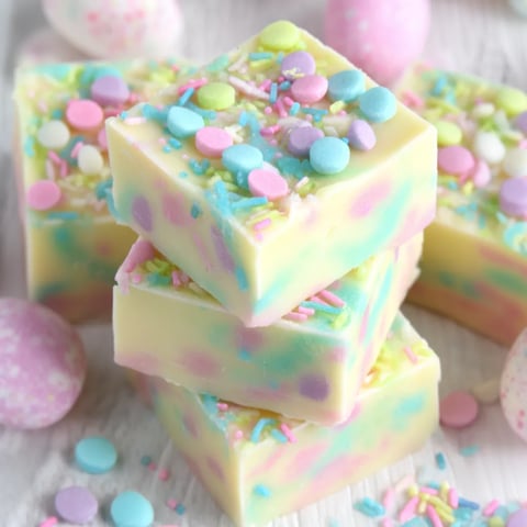 A stack of colorful Easter fudge.
