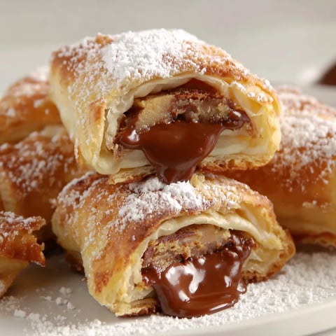 A plate of Snickers pastries with chocolate drizzled on top.