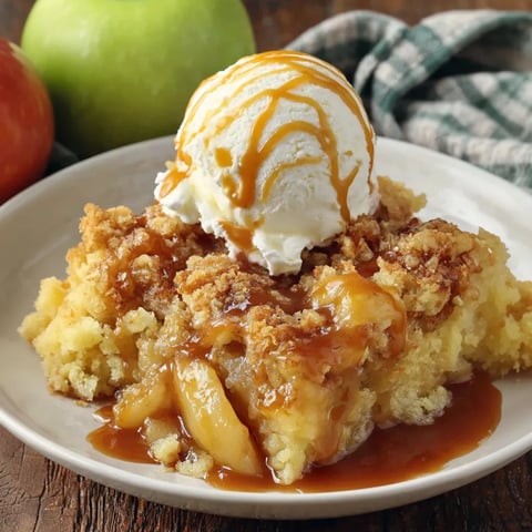 A slice of caramel apple dump cake with ice cream on top.