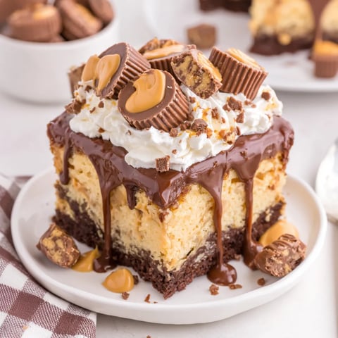A slice of peanut butter poke cake.
