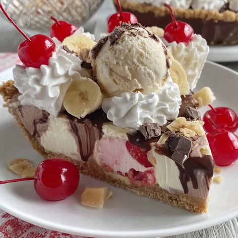 A slice of banana split pie with whipped cream and cherries.