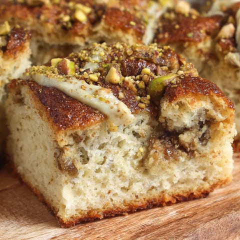 A slice of baklava focaccia on a wooden table.