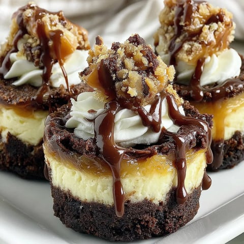 Two loaded brownie cheesecake cups with chocolate drizzle.