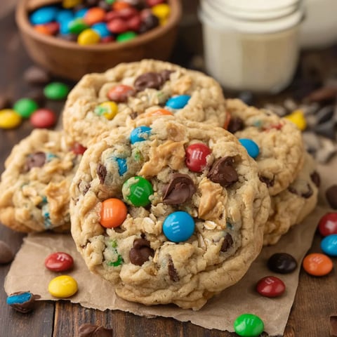 A plate of Monster Cookies with M&M's and chocolate chips.