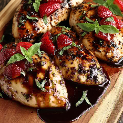 A plate of chicken with strawberries and balsamic glaze.