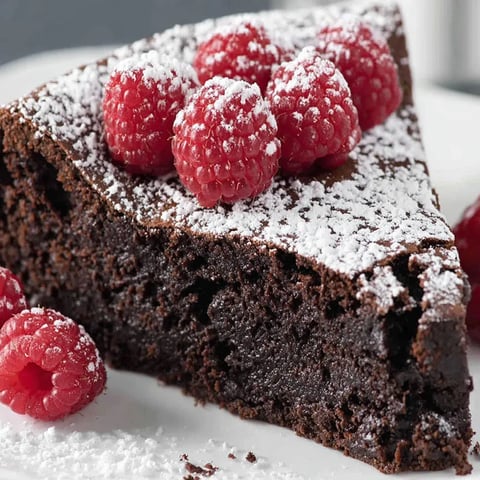 A slice of flourless chocolate cake with raspberries on top.