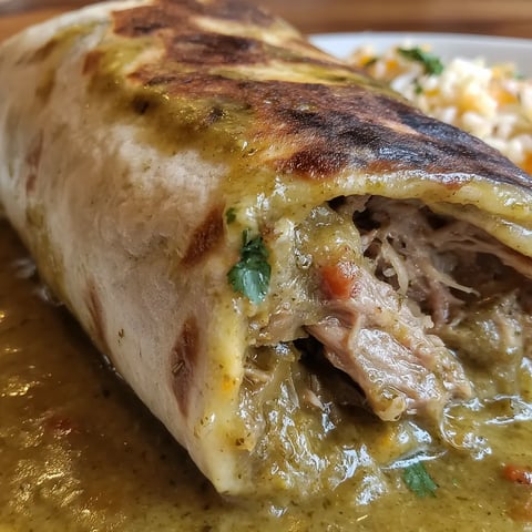 A burrito with chili verde sauce.