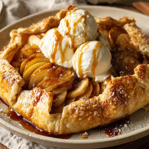 A delicious dessert with ice cream and apples.