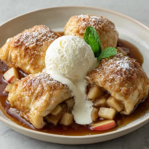 A plate of crescent roll apple dumplings with a scoop of ice cream on top.