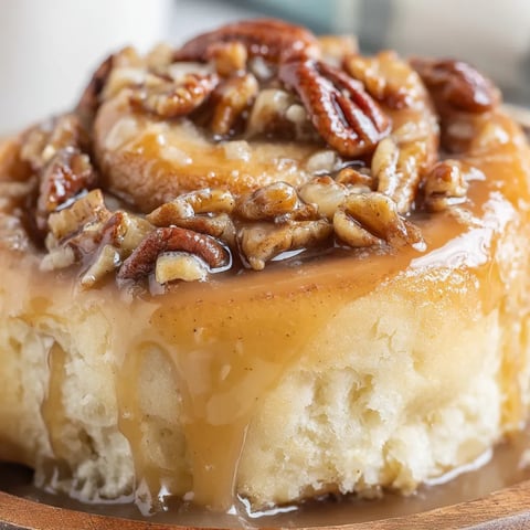A close up of a sticky bun with pecans.