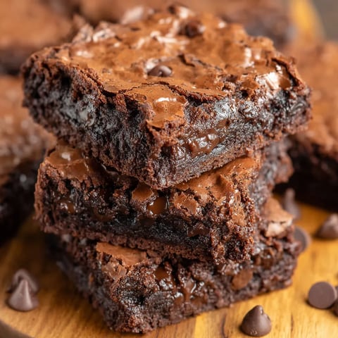 Flourless brownies stacked on a wooden table.