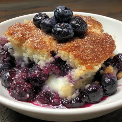 A bowl of blueberry cobbler with a spoon in it.